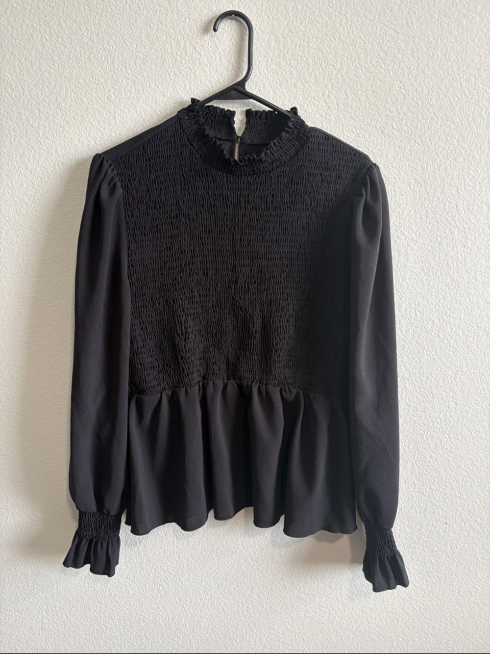 SHEIN Black Smocked Peplum Top with Ruffle Neckline